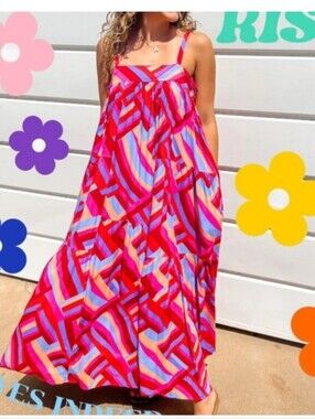 Abel The Label Anthropologie Sienna Pink Multi Geometric Maxi Dress NWT XS